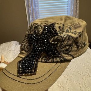 Women's Beaded Cross Khaki Hat